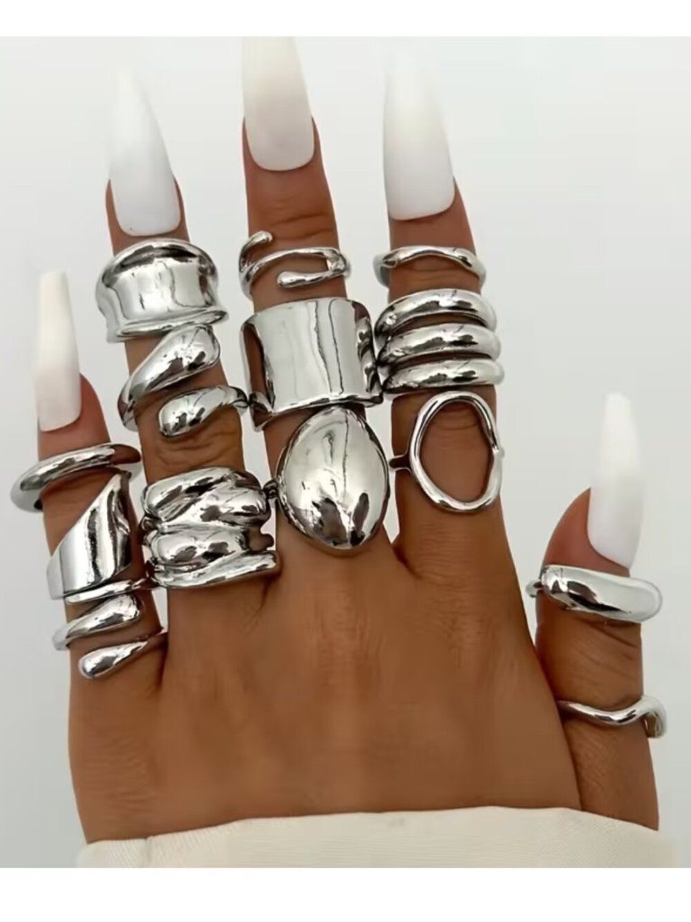 14Pcs NWT Punk Liquid Metal Chunky Silver Open Ring Set Stackable Geometric HipH